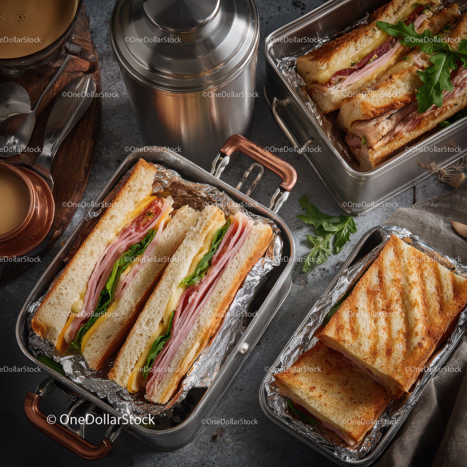 Gourmet Club Sandwich with Fresh Lettuce and Cheese in Stainless Steel Lunchbox