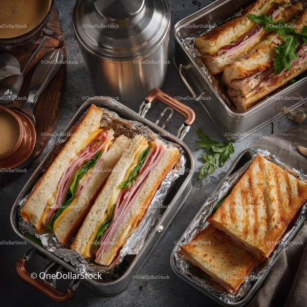 Gourmet Club Sandwich with Fresh Lettuce and Cheese in Stainless Steel Lunchbox