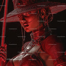 Futuristic Samurai in Neon Red Armor Holding Umbrella