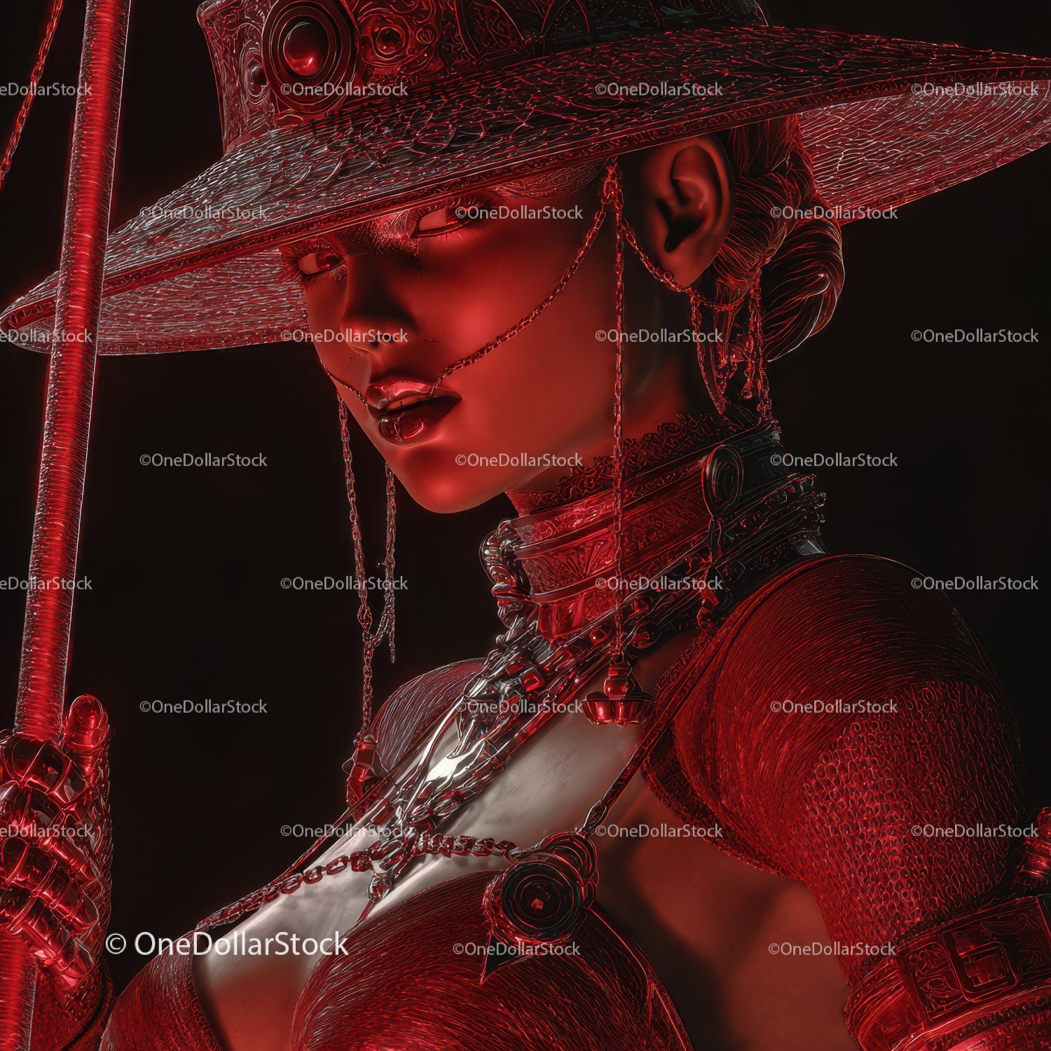 Futuristic Samurai in Neon Red Armor Holding Umbrella