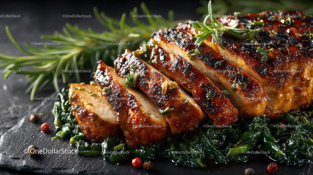 Grilled Beef Ribs with Fresh Green Herbs on Plate