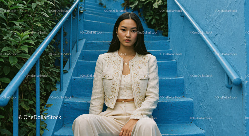 Chic Young Woman Sitting on Blue Stairs in Urban Environment