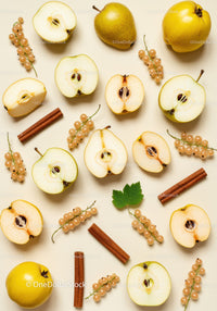 Fresh quince and pear halves with cinnamon and berries