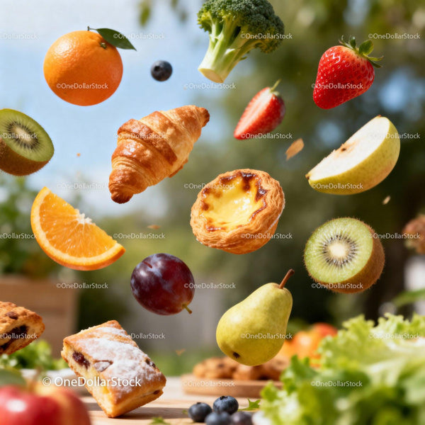 Fresh fruits and pastries floating in natural light