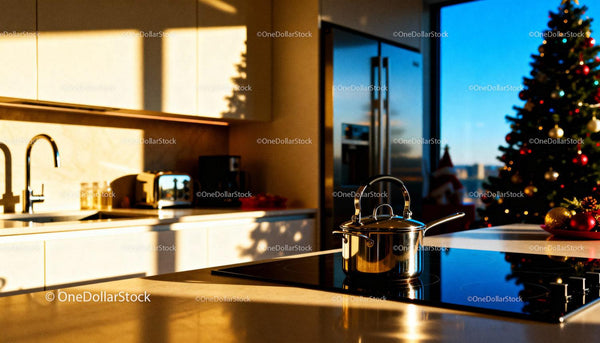 Modern kitchen with festive Christmas tree and shiny pot
