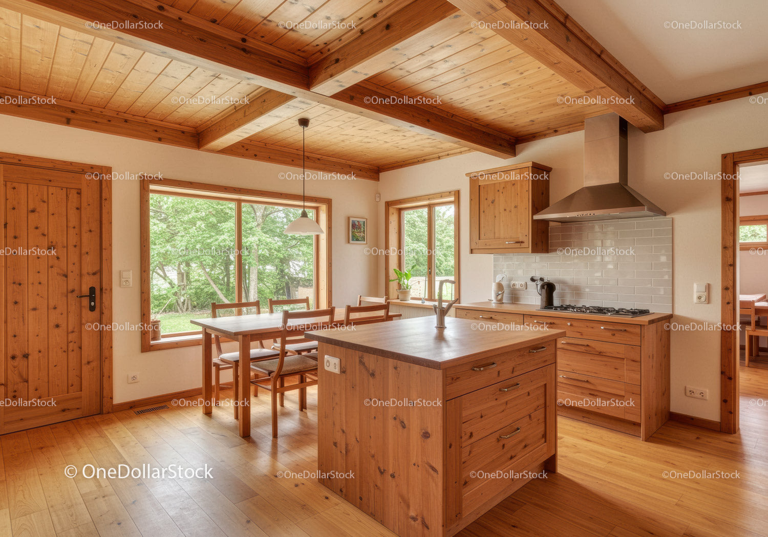 Bright Cozy Wooden Kitchen with Scenic Garden Views and Open Space