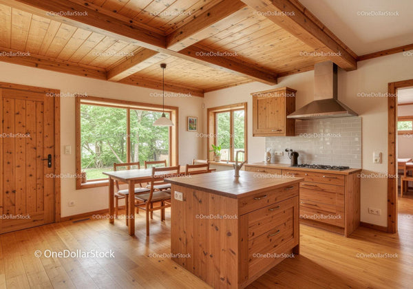 Bright Cozy Wooden Kitchen with Scenic Garden Views and Open Space