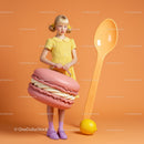 Little girl holding giant pink macaron with oversized spoon