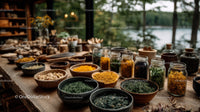Herbal and Spice Assortment in Glass Jars on Rustic Wooden Table