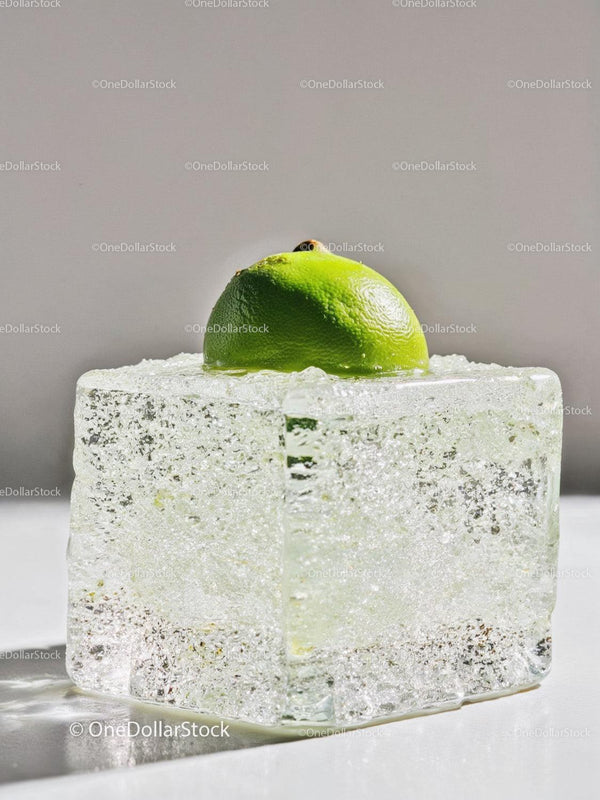 Fresh lime half resting on clear melting ice cube