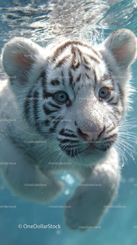 White tiger cub swimming underwater with piercing blue eyes