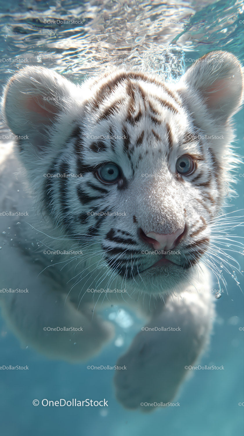 White tiger cub swimming underwater with piercing blue eyes