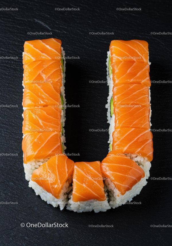 Salmon sushi rolls arranged in a letter U shape