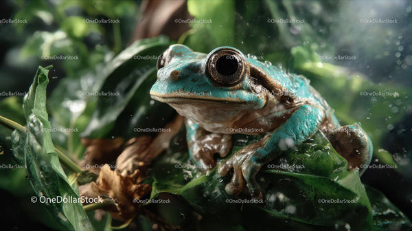 Close-Up of a Vibrant Tree Frog Resting on Green Leaves in Rainforest