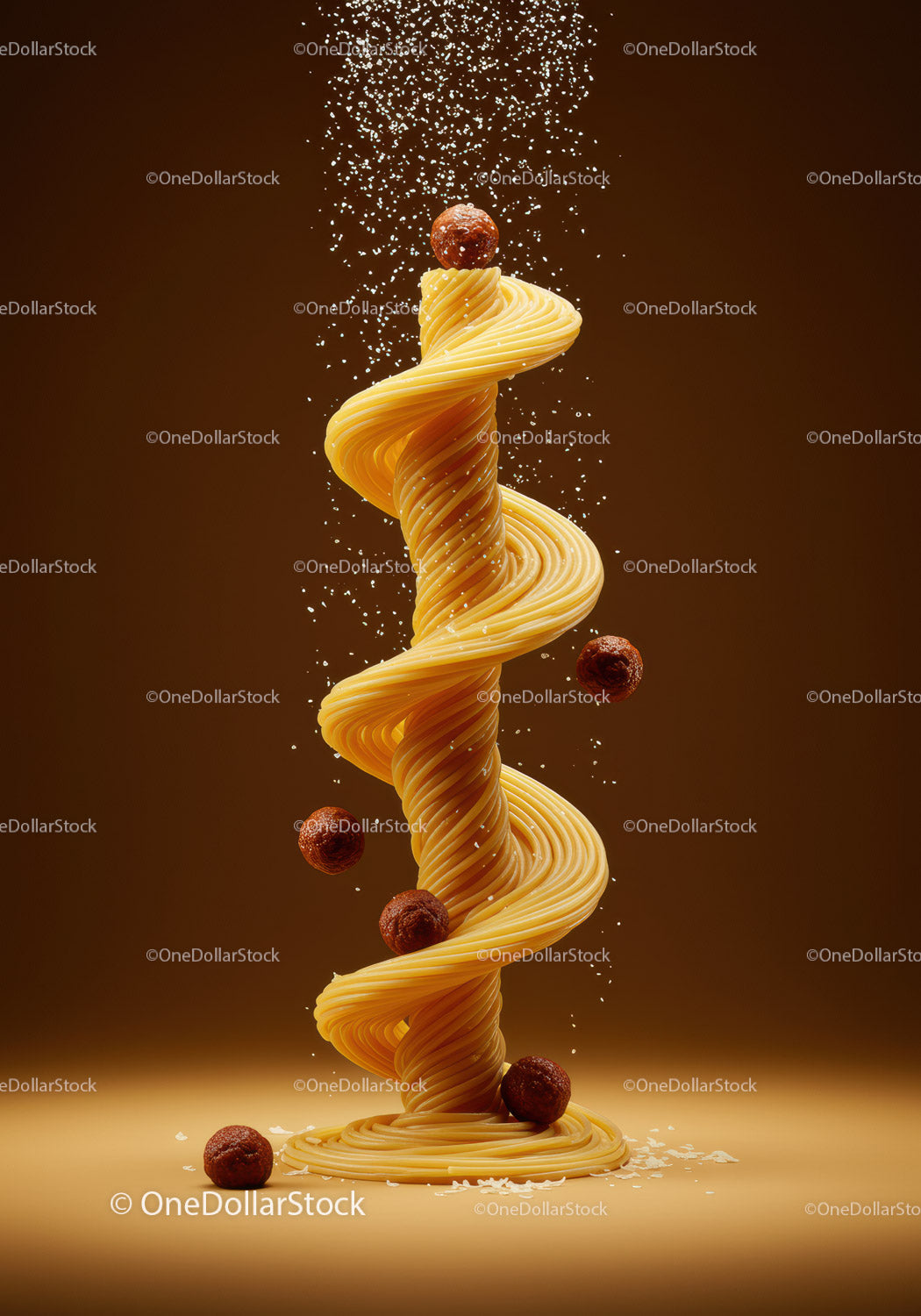 Spiralna wieża spaghetti z klopsikami i parmezanem