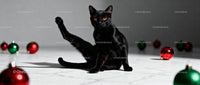 Black cat lounging among colorful holiday ornaments