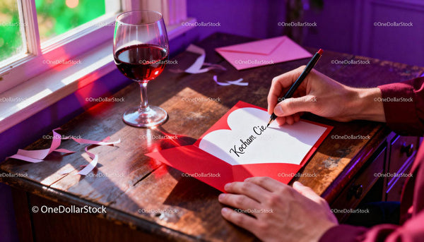 Writing a Romantic Valentine Card with Red Wine Nearby