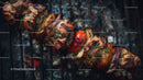 Juicy Grilled Meat Skewers with Charred Edges on Open Flame