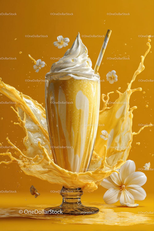 Koktajl bananowy w szklance z rozpryskami i kwiatami na żółtym tle