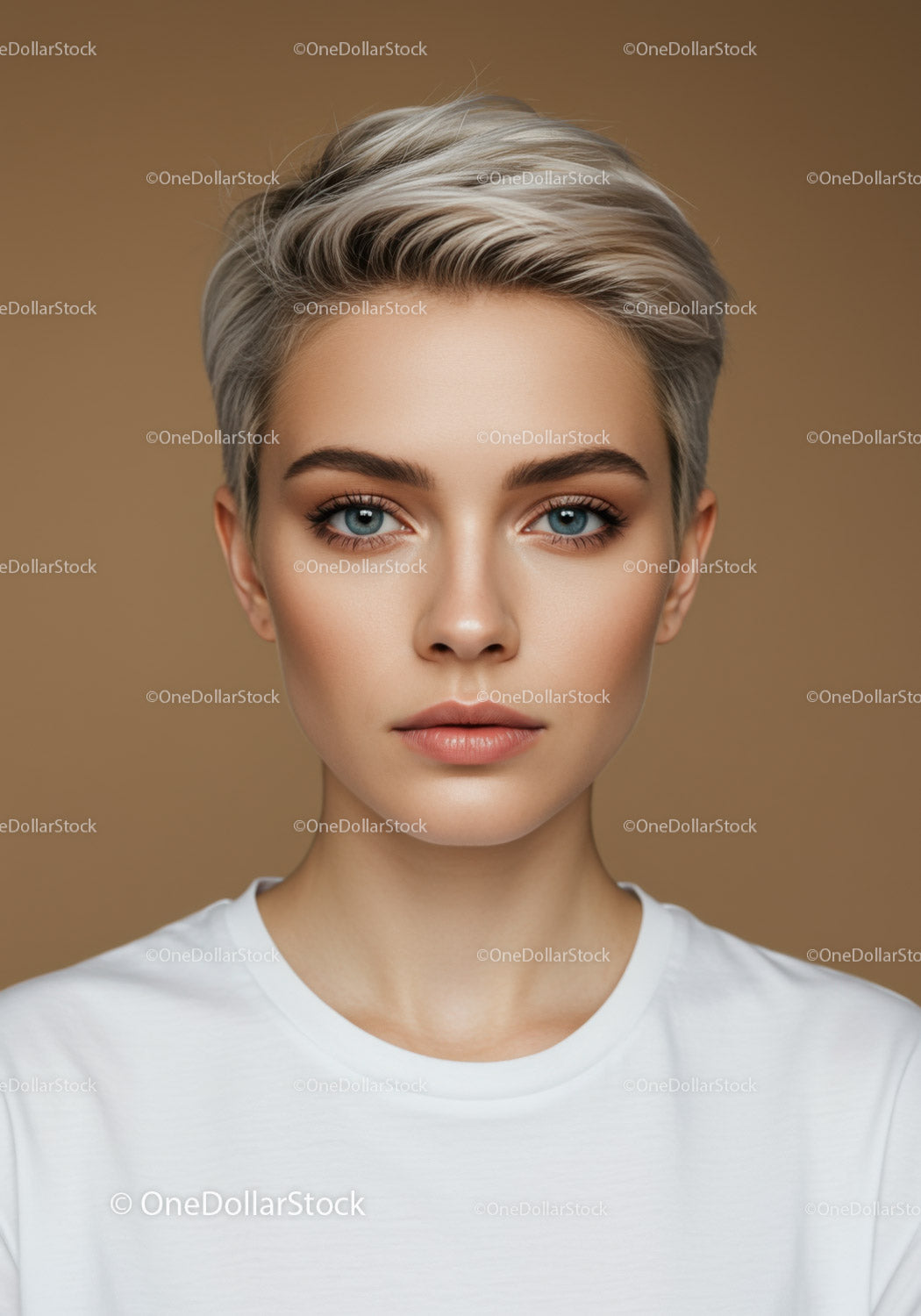 Close-up of Beautiful Young Woman with Blue Eyes and Platinum Blonde Hair