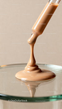 Beige liquid foundation pouring from dropper into glass dish
