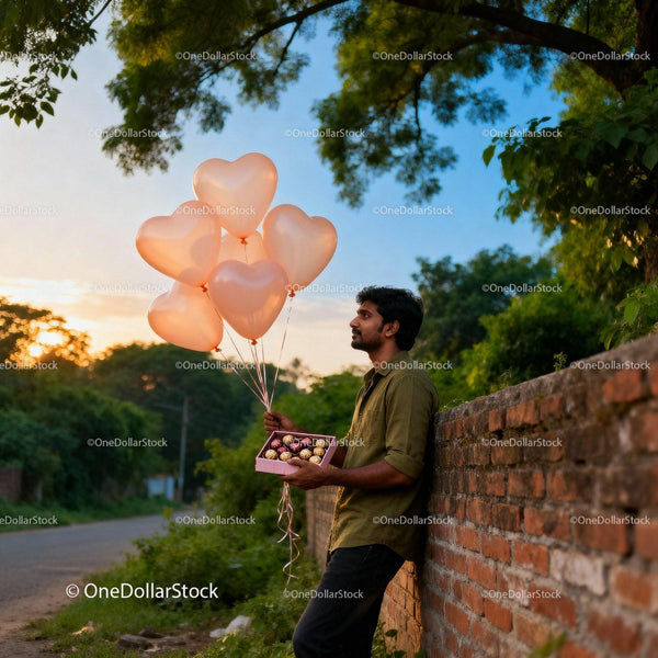 Man holding heart balloons and chocolates at sunset