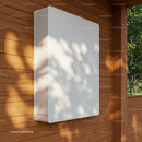 Modern white electrical box on wooden exterior wall