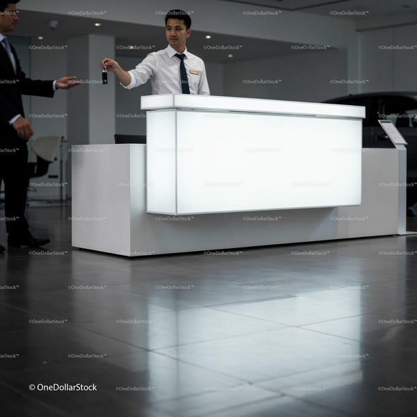 Car dealership employee handing keys to customer at counter JPG Mockup Image