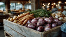 Fresh Purple Onions and Vegetables in Rustic Market Stall