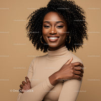 Confident Woman with Curly Hair in Beige Turtleneck Portrait