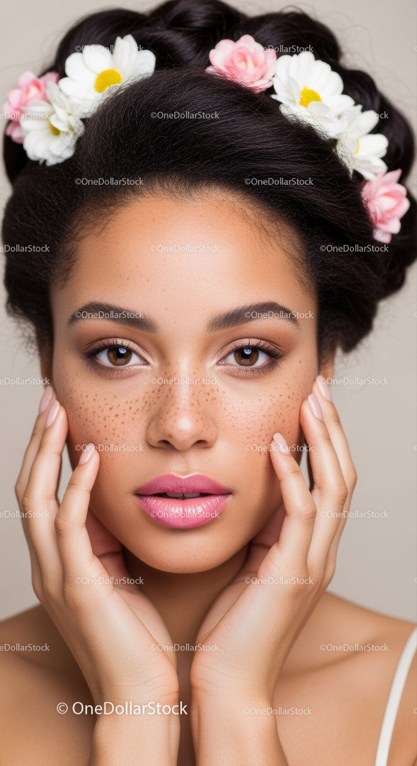 Elegant Portrait of a Woman with Freckles and Floral Hair Accessories