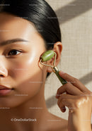 Close-up of Woman Using Jade Roller for Facial Skin Care