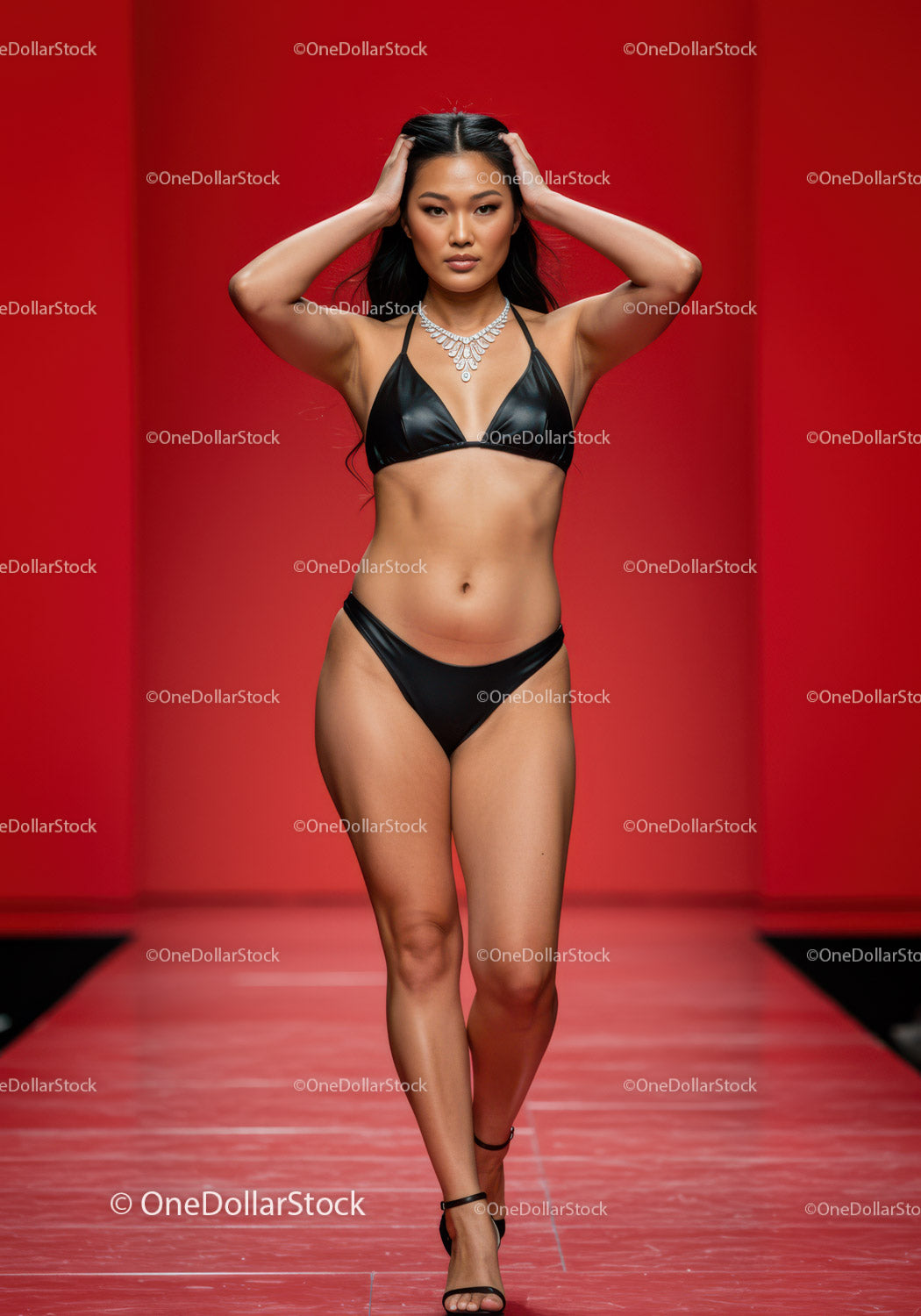 Fashion Model Walking on Runway in Black Bikini and Jewelry