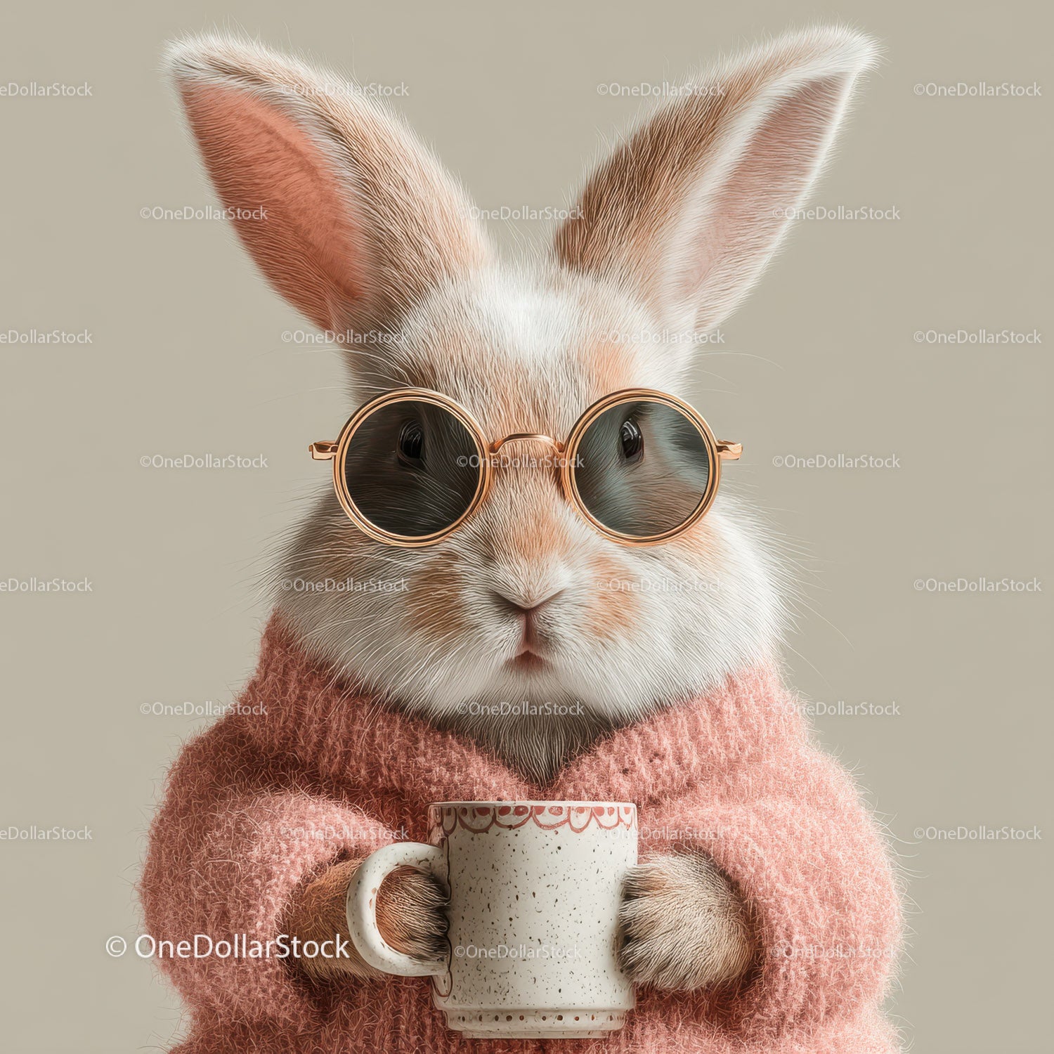 Cute Bunny Wearing Sunglasses and Cozy Pink Sweater Holding Coffee Mug