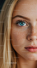 Close up of young woman with blue eye and freckles