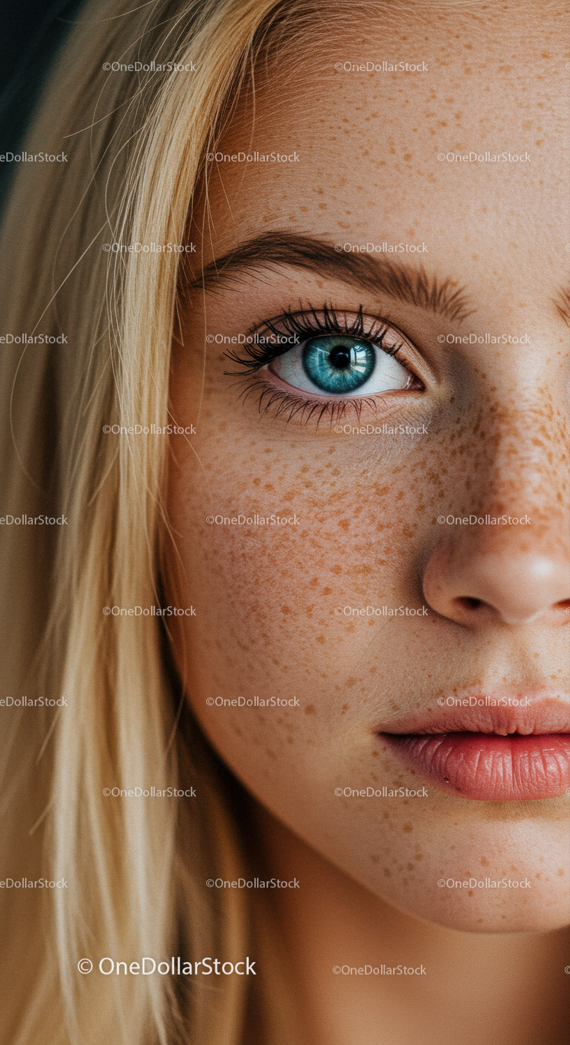 Close up of young woman with blue eye and freckles