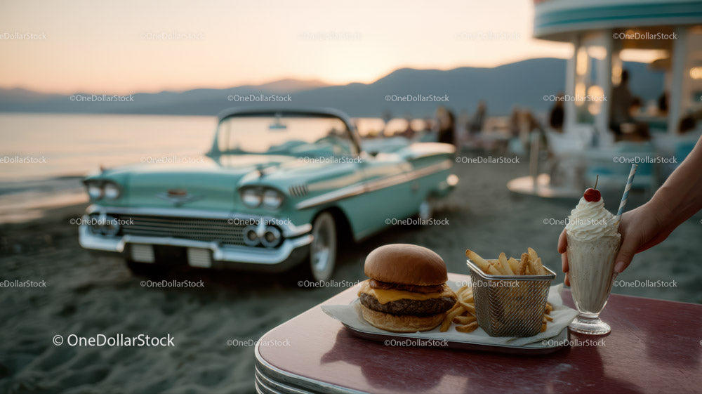 Vintage Classic Car by Beach with Fast Food and Sunset Scene