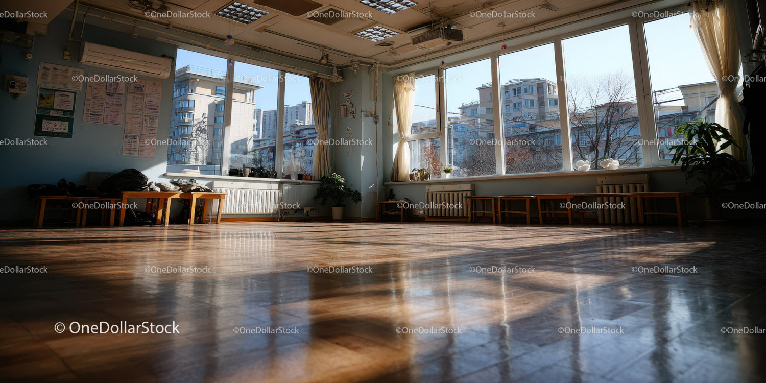 Bright Sunlit Room with Large Windows and Wooden Floor