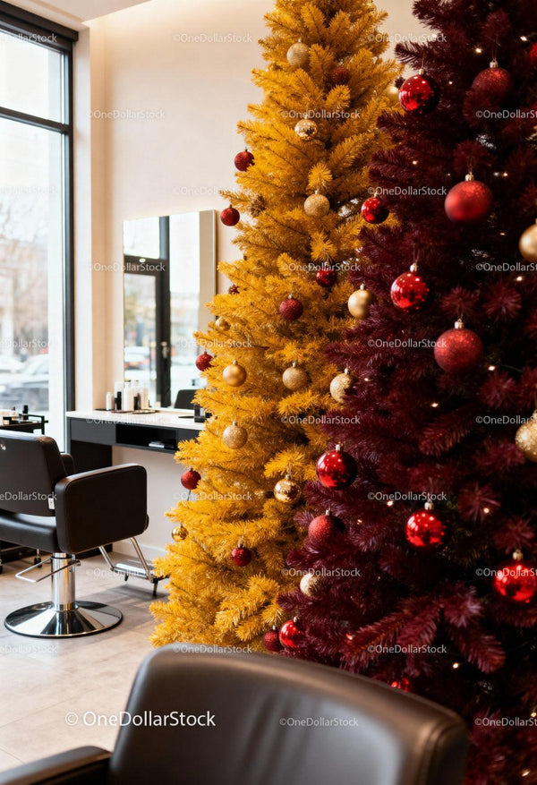 Modern Salon with Festive Yellow and Red Christmas Trees