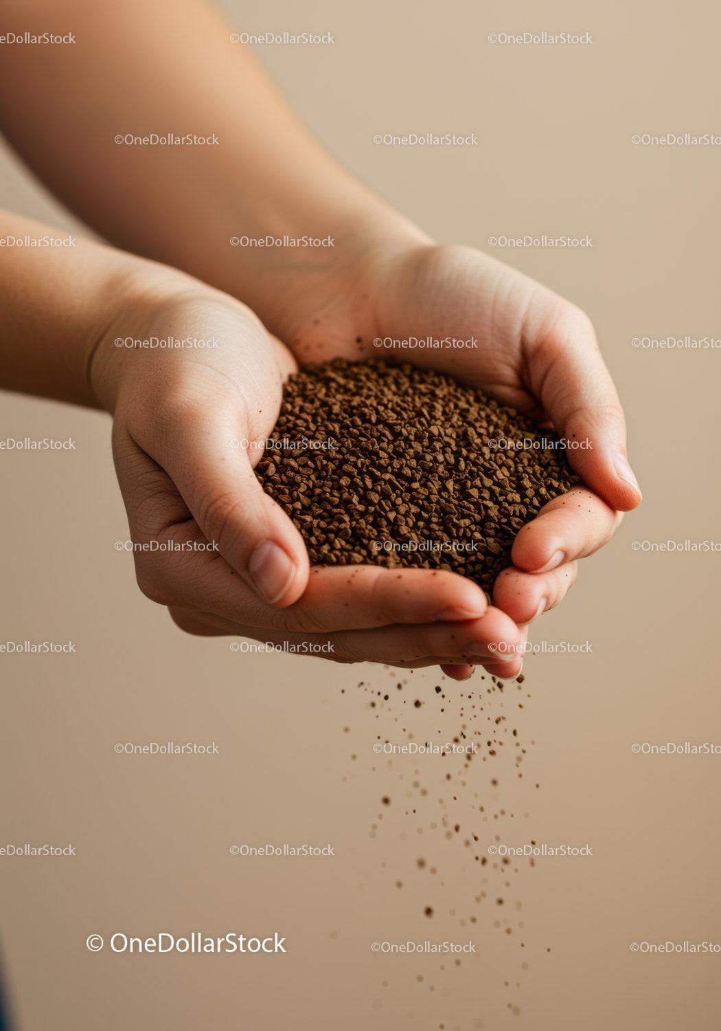 Hands gently holding and pouring instant coffee granules