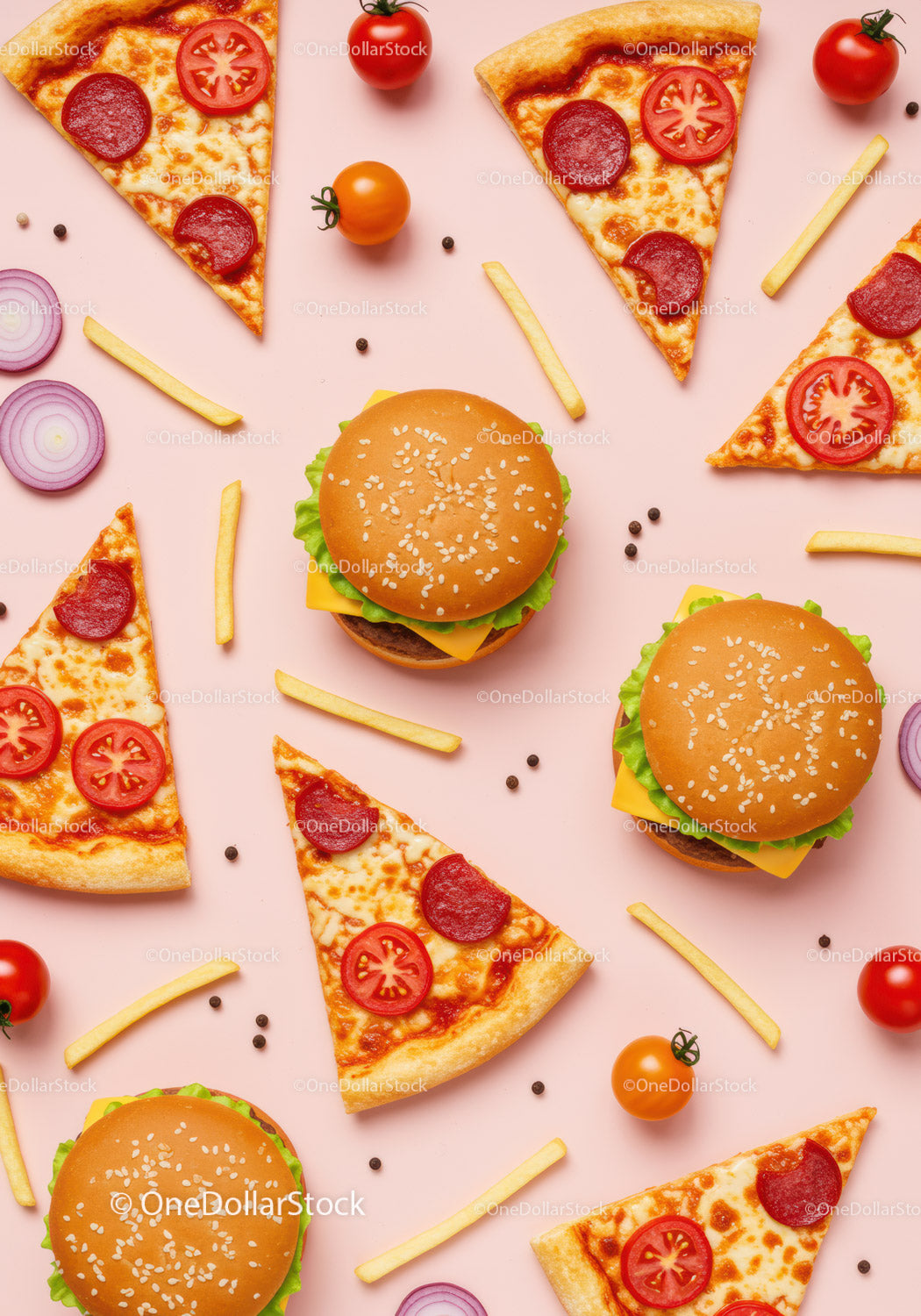 Widok z góry na burgery typu fast food i kawałki pizzy pepperoni