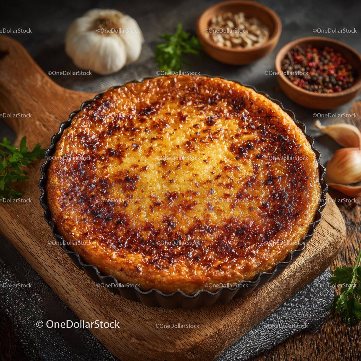 Seafood Shrimp Quiche with Fresh Herbs on Rustic Wooden Table