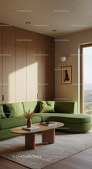 Cozy living room with green sectional sofa and wooden decor