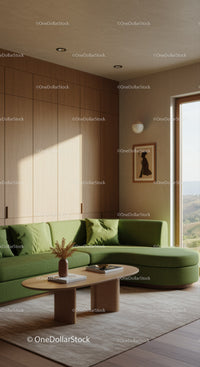 Cozy living room with green sectional sofa and wooden decor