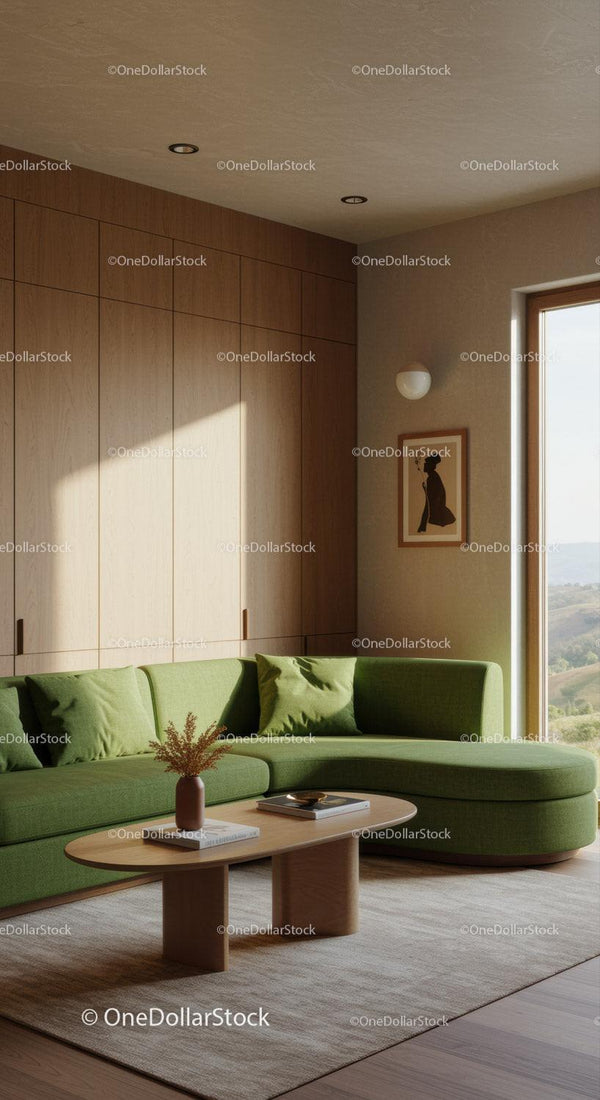 Cozy living room with green sectional sofa and wooden decor