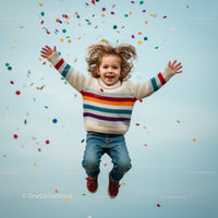 Joyful child jumping with colorful confetti around