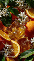 Bright Orange Slices with Ice Cubes and White Flower Blossoms