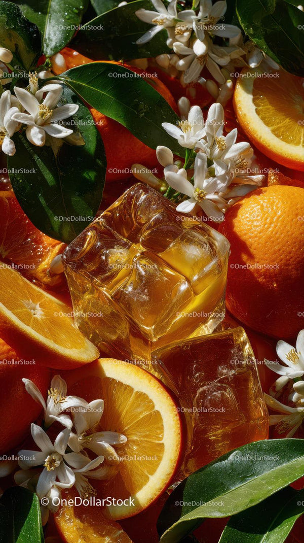 Bright Orange Slices with Ice Cubes and White Flower Blossoms