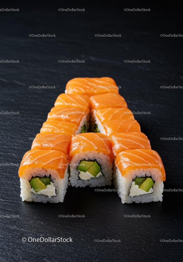 Fresh Salmon Avocado Sushi Rolls on Black Slate