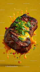 Juicy Grilled Steak with Parsley and Sauce Splash
